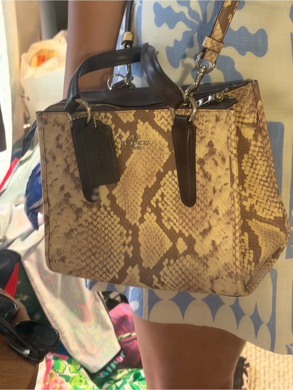 Coach Snake-Print python Satchel in Beige and Brown with Dark Brown Handles - Picture 3 of 9